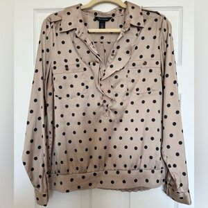 White House Black Market Beige and Black Polka Dot Blouse